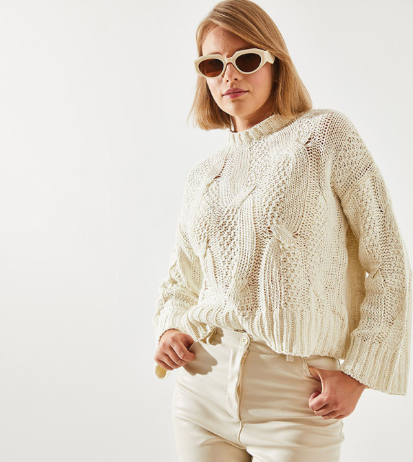 Bianco Lucci  - Ecru Round Neck Sweaters
