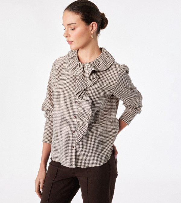 كوتون micro-checks - بني Long Sleeve T-Shirts