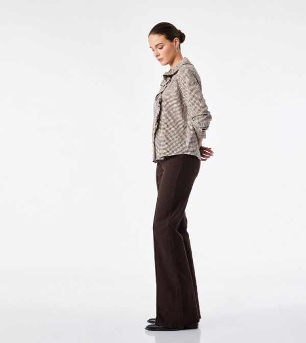 كوتون micro-checks - بني Long Sleeve T-Shirts