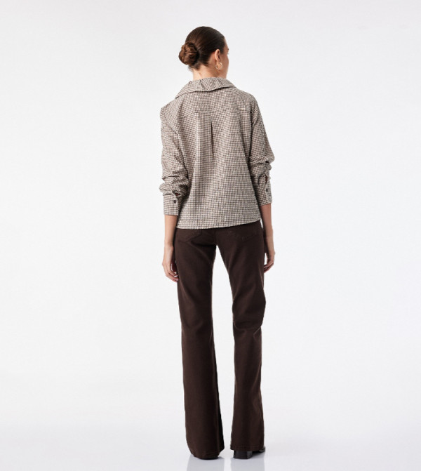 كوتون micro-checks - بني Long Sleeve T-Shirts