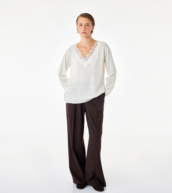 كوتون  سترات - كريمي  V-neck Sweaters