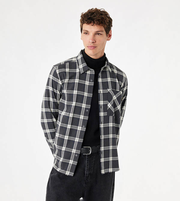 كوتون  قميص كاجوال - رمادي Long Sleeves