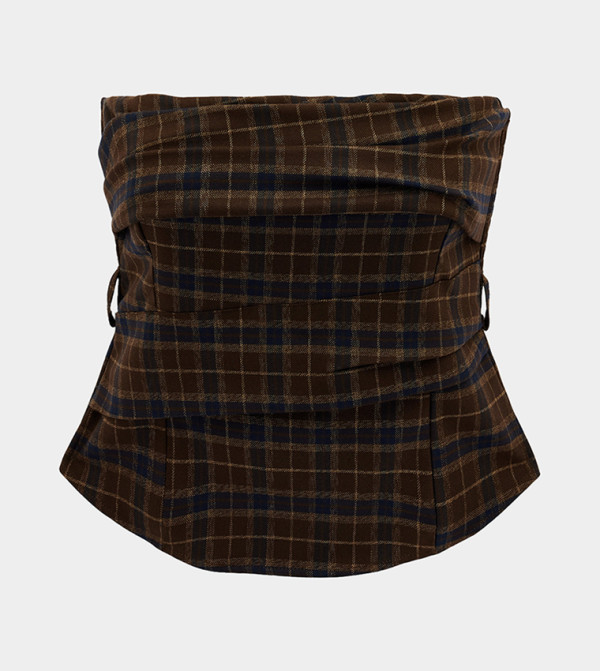 كوتون  checkered-plaid-w - بني  Cropped Tops