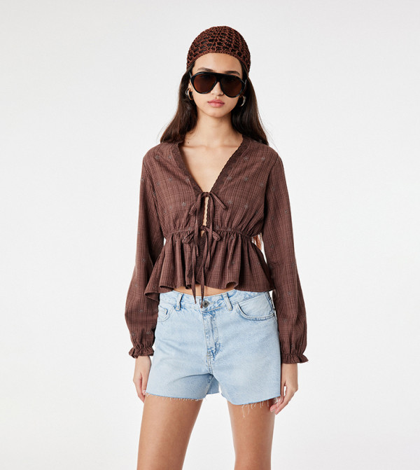 كوتون  micro-checks - بني  Cropped Tops
