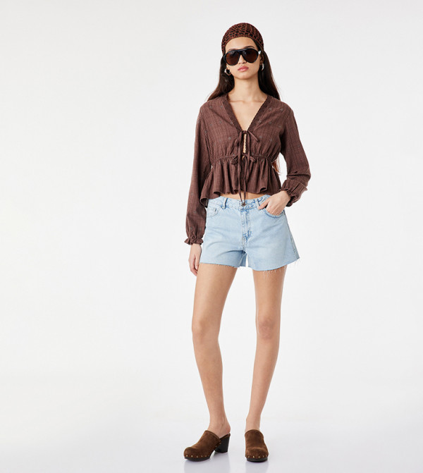 كوتون  micro-checks - بني  Cropped Tops