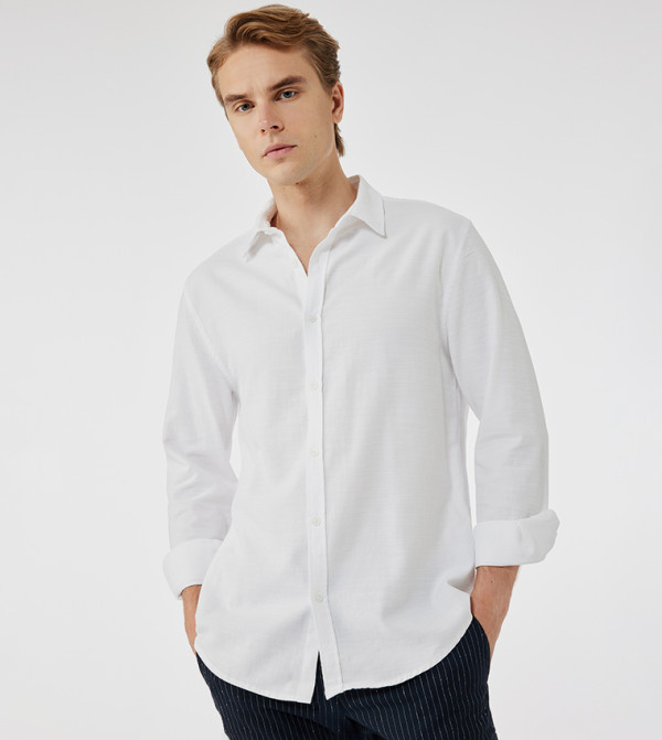 كوتون  قميص كاجوال - أبيض Long Sleeves