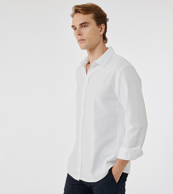 كوتون  قميص كاجوال - أبيض Long Sleeves