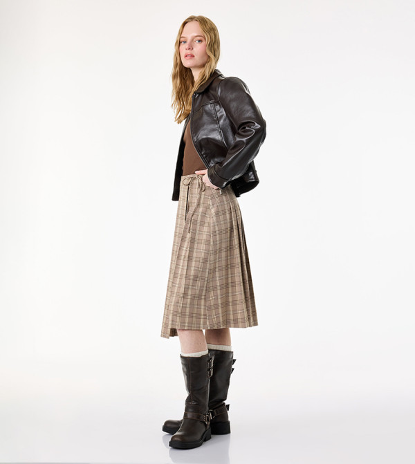 كوتون micro-checks - بيج Midi Skirts