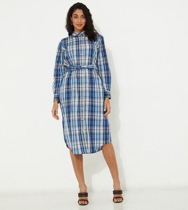 بيفرلي هيلز بولو كلوب  checkered-plaid-w - أزرق فساتين كاجوال