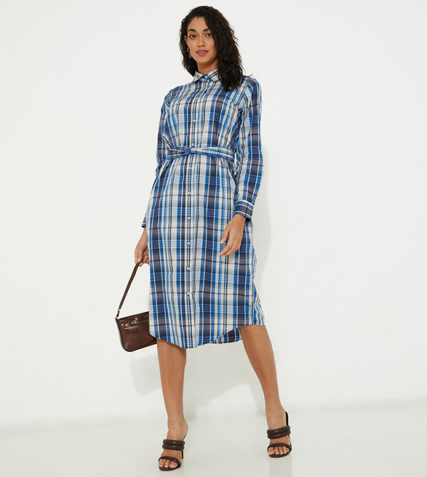 بيفرلي هيلز بولو كلوب  checkered-plaid-w - أزرق فساتين كاجوال