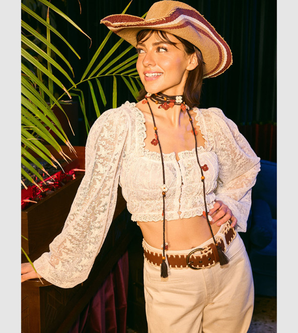 كوتون statement-sleeve-babydoll - بيج فاتح توبات وبلايز