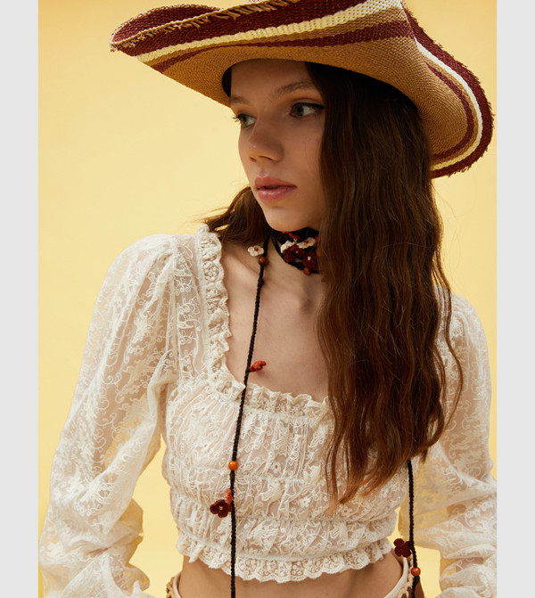كوتون statement-sleeve-babydoll - بيج فاتح توبات وبلايز