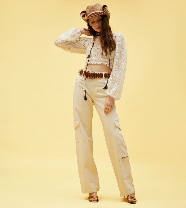 كوتون statement-sleeve-babydoll - بيج فاتح توبات وبلايز