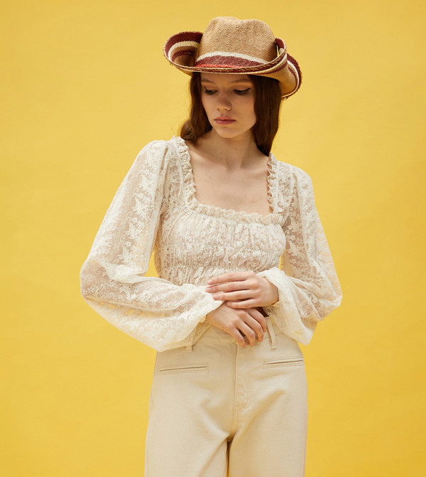 كوتون statement-sleeve-babydoll - بيج فاتح توبات وبلايز