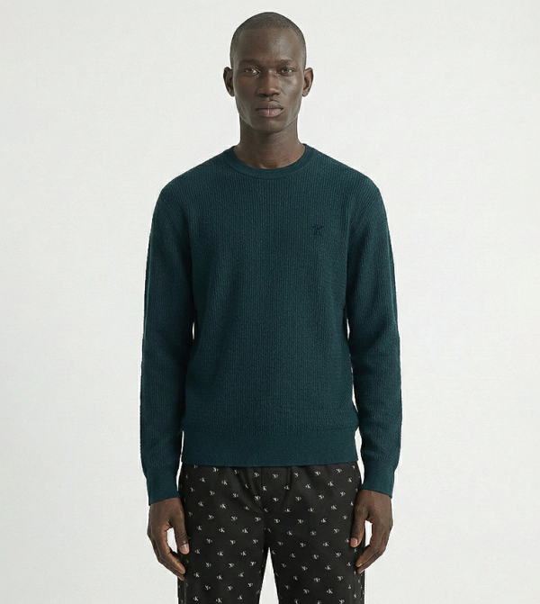 كالفين كلاين  سترات و كارديغانات  - أزرق مخضر  Round Neck Sweaters