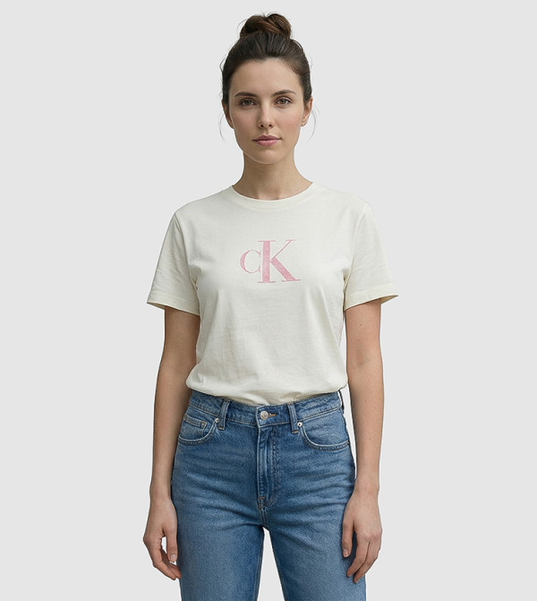 Calvin Klein Jeans  Clothing - Cream Short Sleeve T-Shirts