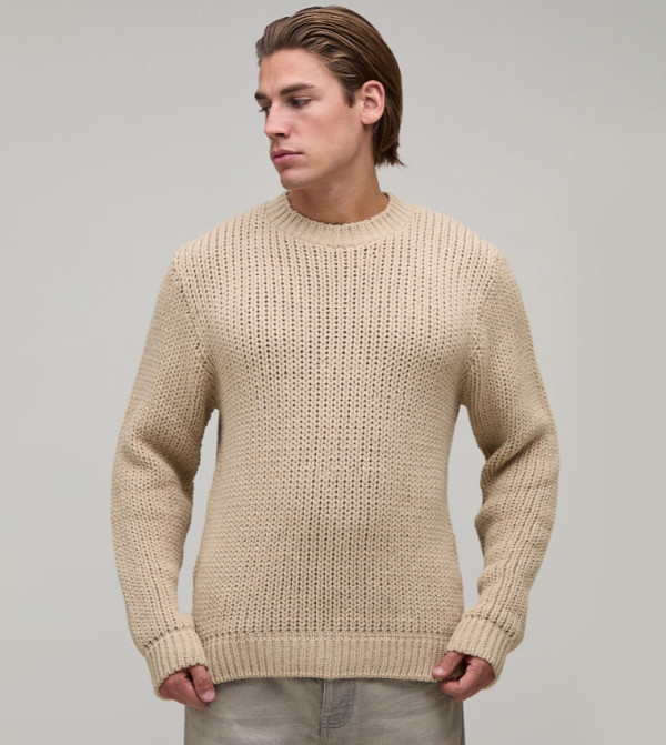 boohooMAN  Round Neck Sweaters - Beige Round Neck Sweaters