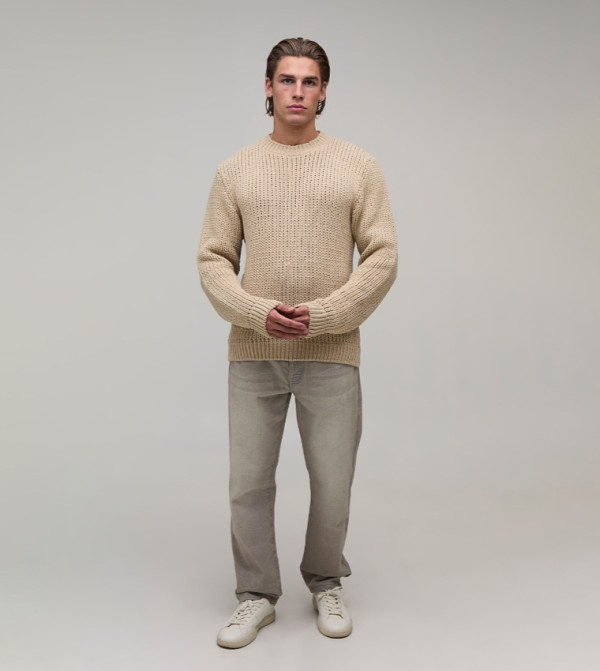 boohooMAN  Round Neck Sweaters - Beige Round Neck Sweaters