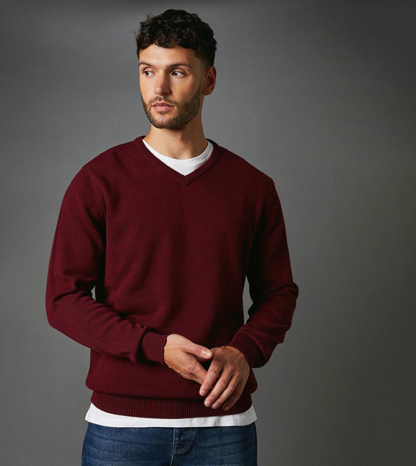 Maine V-neck Sweaters - Maroon V-neck Sweaters