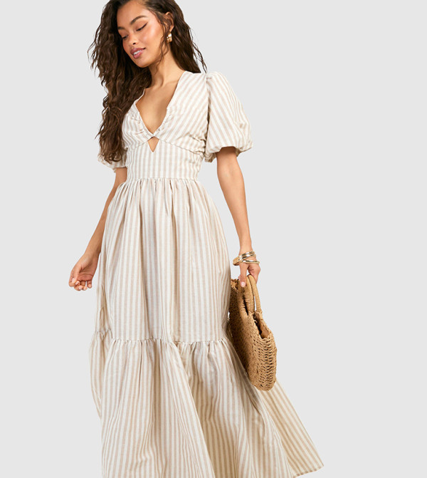 boohoo  statement-sleeve-babydoll - Beige Casual Dresses