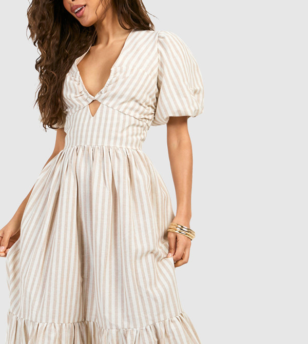 boohoo  statement-sleeve-babydoll - Beige Casual Dresses