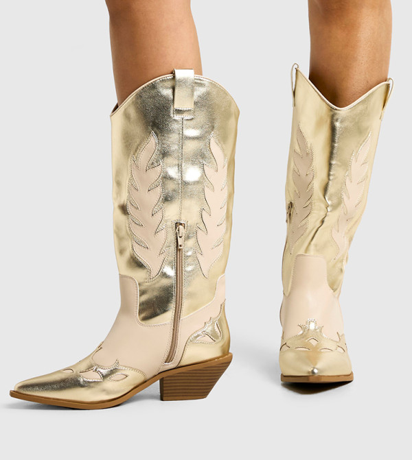 بوهو  بوت لمنتصف الساق - ذهبي Knee length Boots