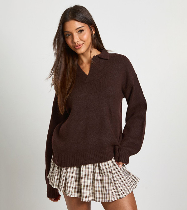 بوهو  سترات و كارديغانات - بني  V-neck Sweaters