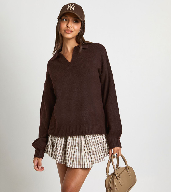بوهو  سترات و كارديغانات - بني  V-neck Sweaters