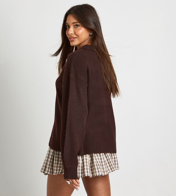 بوهو  سترات و كارديغانات - بني  V-neck Sweaters