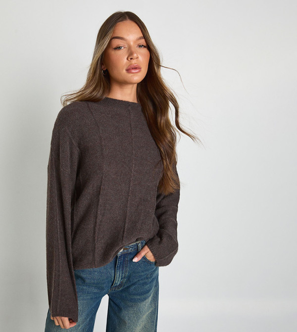 بوهو  سترات و كارديغانات - بني  Round Neck Sweaters