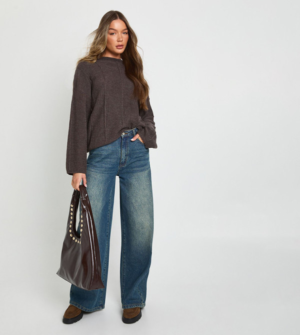 بوهو  سترات و كارديغانات - بني  Round Neck Sweaters