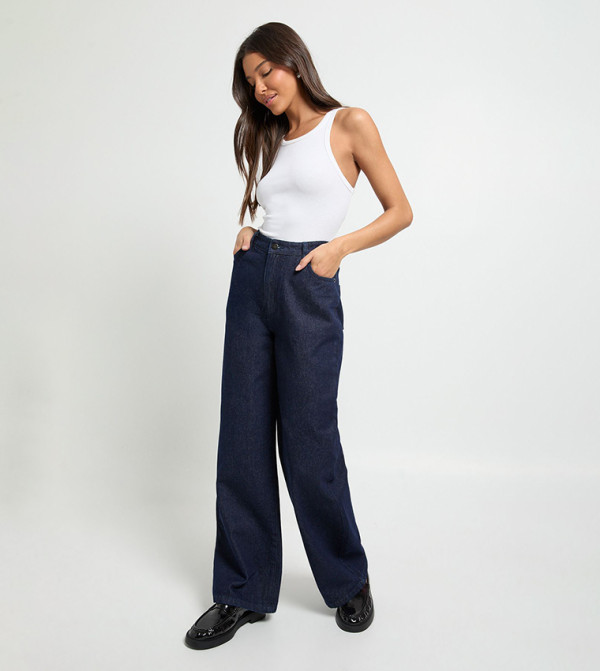 بوهو  denim-obsessed - نيلي  Wide Leg Jeans
