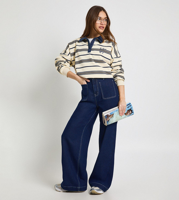 بوهو  baggy-denim-edit - أزرق Wide Leg Jeans