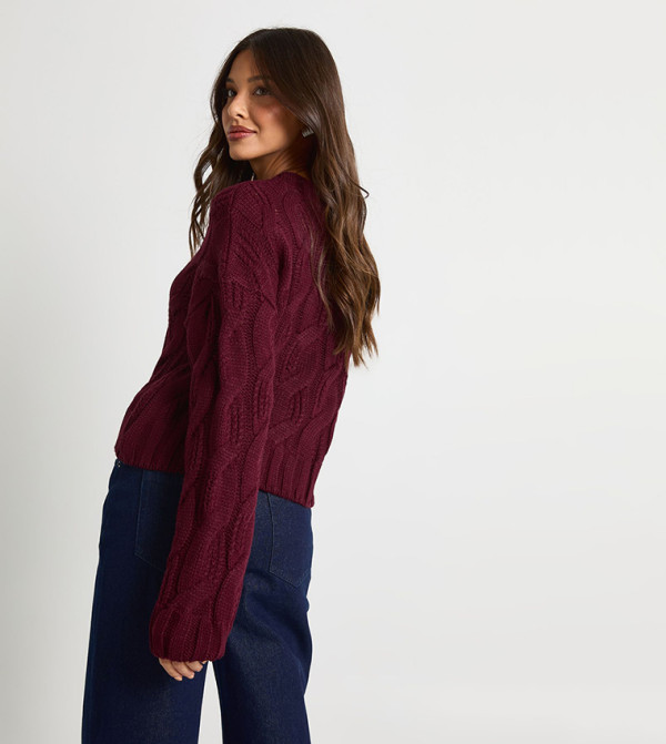 بوهو knit-notes - بورغندي Round Neck Sweaters