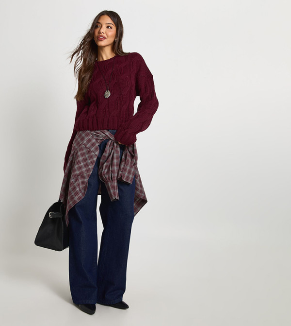 بوهو knit-notes - بورغندي Round Neck Sweaters