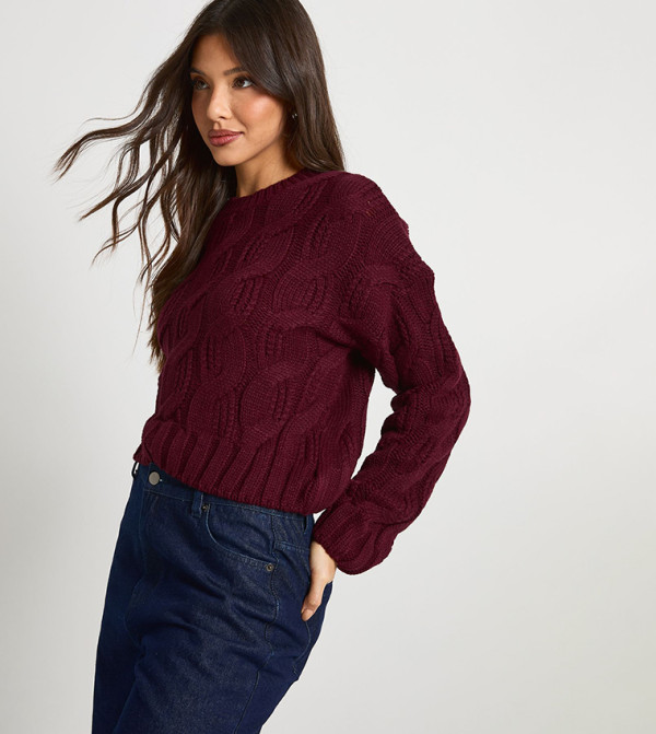 بوهو knit-notes - بورغندي Round Neck Sweaters