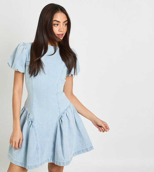 boohoo  statement-sleeve-babydoll - Light Blue Mini Dresses