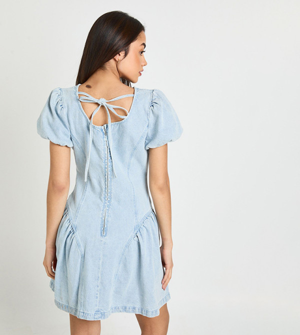 boohoo  statement-sleeve-babydoll - Light Blue Mini Dresses
