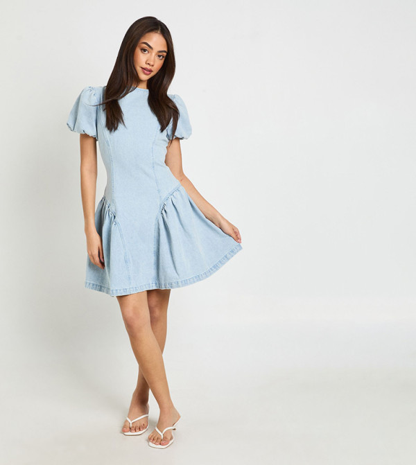 boohoo  statement-sleeve-babydoll - Light Blue Mini Dresses