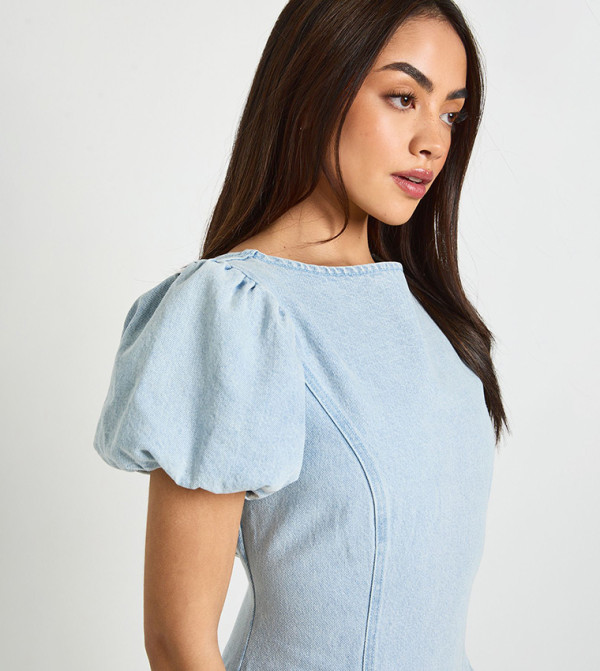boohoo  statement-sleeve-babydoll - Light Blue Mini Dresses