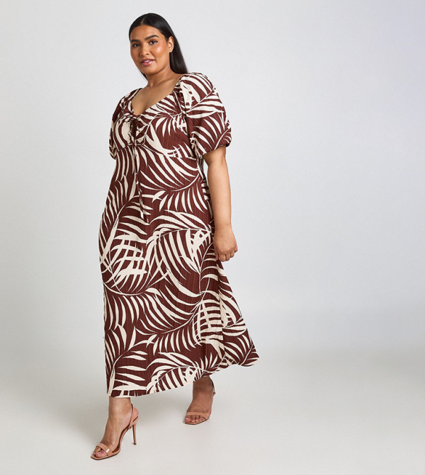 boohoo  statement-sleeve-babydoll - Brown Maxi Dresses