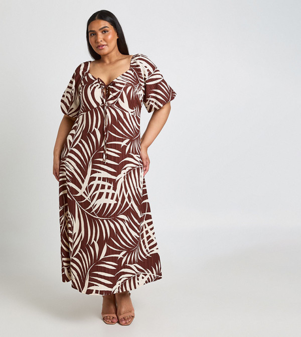 boohoo  statement-sleeve-babydoll - Brown Maxi Dresses