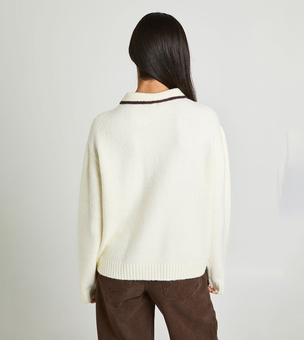 بوهو  سترات و كارديغانات - كريمي  Round Neck Sweaters