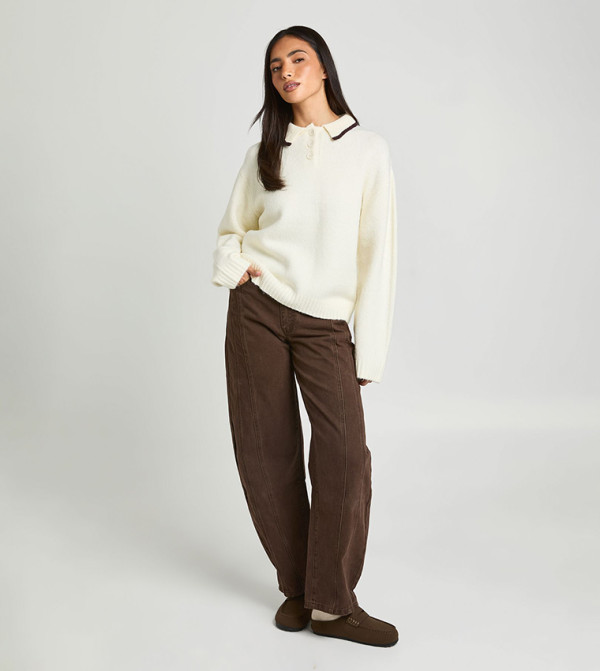 بوهو  سترات و كارديغانات - كريمي  Round Neck Sweaters