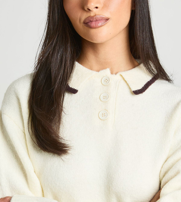 بوهو  سترات و كارديغانات - كريمي  Round Neck Sweaters