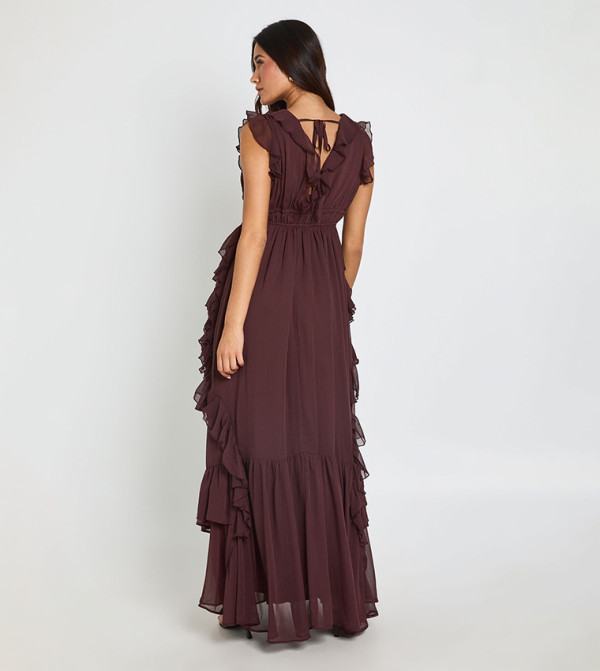 boohoo  statement-sleeve-babydoll - Brown Maxi Dresses