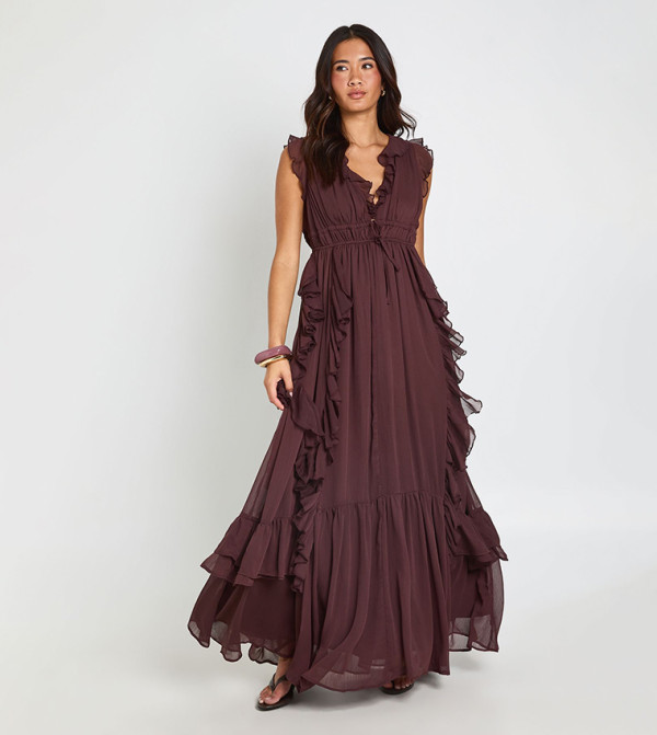 boohoo  statement-sleeve-babydoll - Brown Maxi Dresses