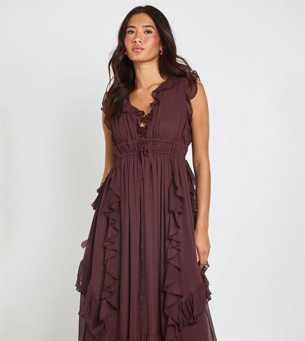 boohoo  statement-sleeve-babydoll - Brown Maxi Dresses