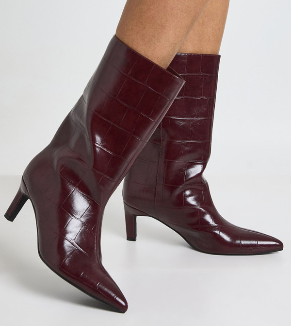 بوهو  بوت لمنتصف الساق - بورغندي Mid Calf Boots