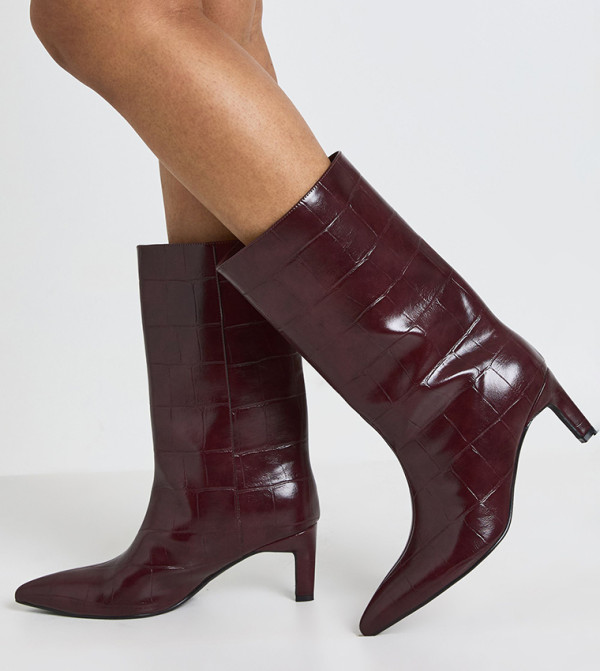 بوهو  بوت لمنتصف الساق - بورغندي Mid Calf Boots